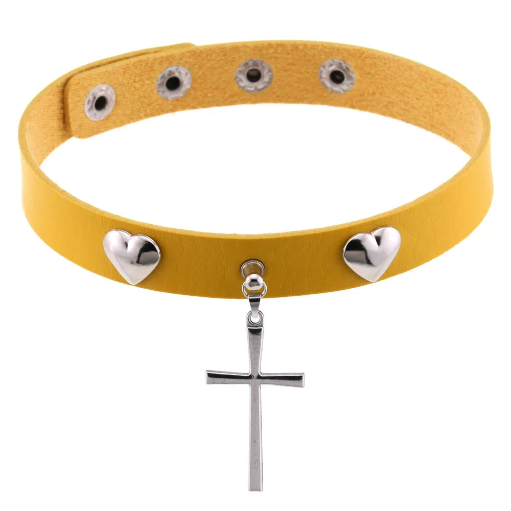 Punk Harajuku Simple Fashion Heart shape Rivets Cross pendant Leather Stainless steel Multicolored Clavicle chain