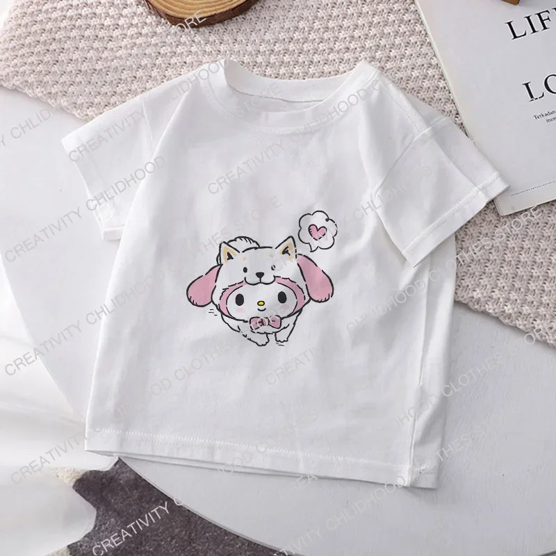 Melodys Kids T-Shirt Pochaccos Purins Hellokittys Tee Shirts Children Anime Cartoons Kawaii Casual Clothes for Boy Girl Tops