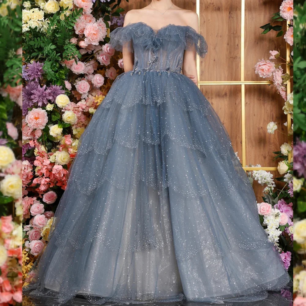 Women Long Blue Tulle Off Shoulder A-Line Empire Prom Sparkly Sequins Evening Dress Party Graduation Formal Ball Gown Customized