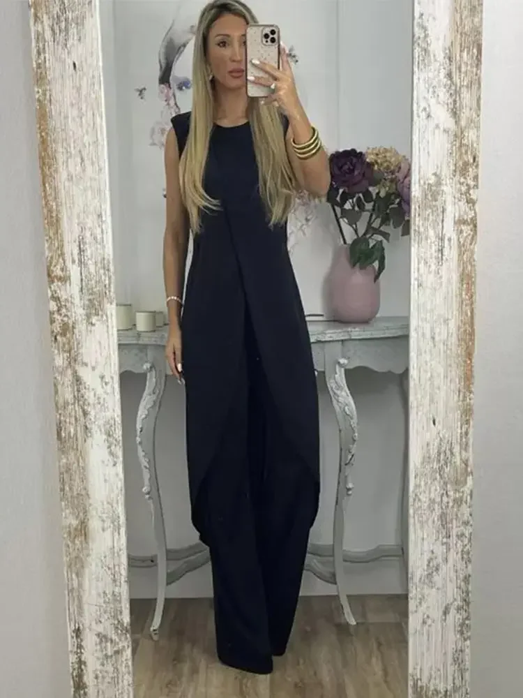 Casual Solid Two-piece Set For Women Fashion Round Necked Sleeveless Long Top Loose Pants Suit 2023 Elegant Lady Chic Outfits