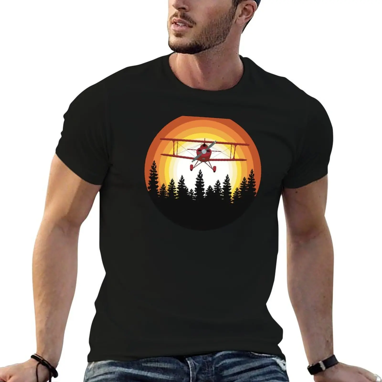 Pitts Biplane Flying in Orange Sunset Sky Aviation Design T-Shirt tops blanks mens graphic t-shirts