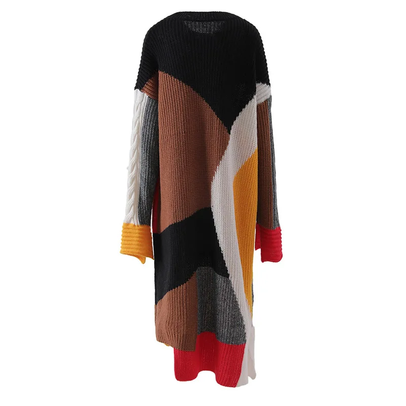 New colorblock women knitted cotton dress long sleeve O-neck OL work dresses