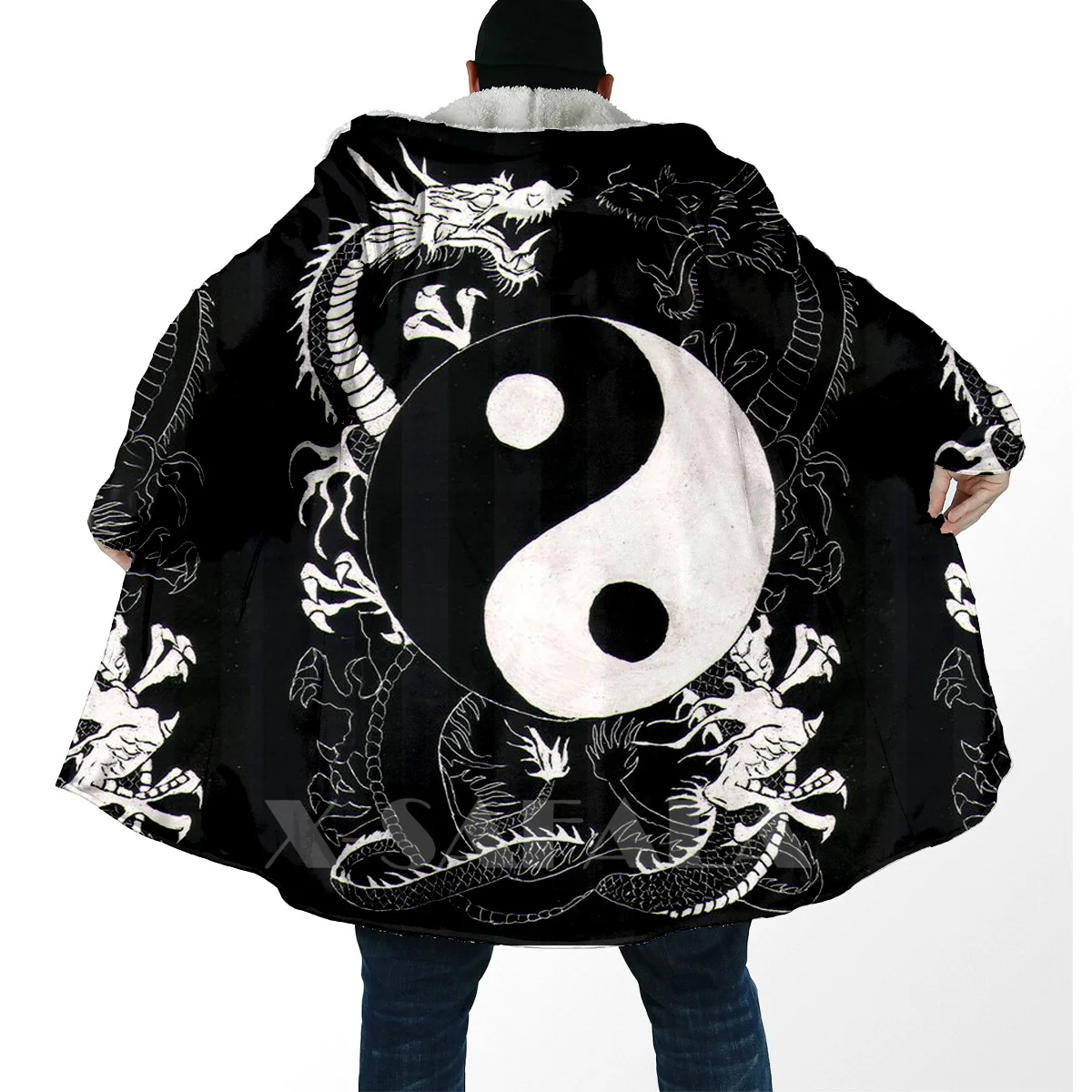 Yin And Yang Dragon Tai Chi Eight Trigrams Overcoat Coat 3D Print Thick Warm Hooded Cloak for Men Windproof Fleece Unisex Casual