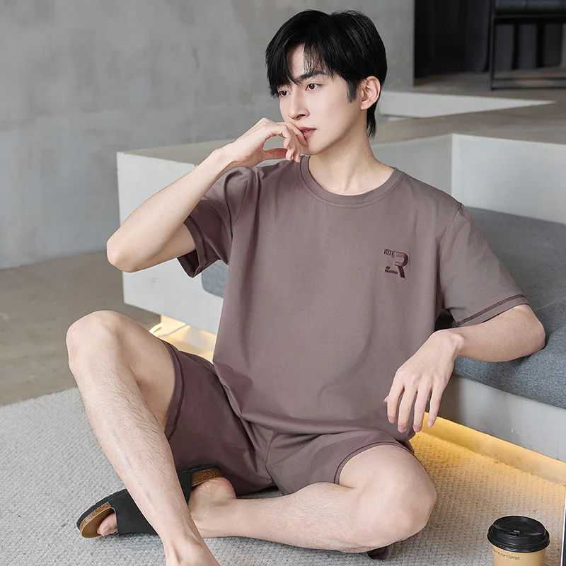 2 Pieces Set 100% Cotton Men's Summer Pajamas Set Short Sleeve Shorts Nightwear Young Boy Big Size L-3XL Pjs Pyjamas Homme