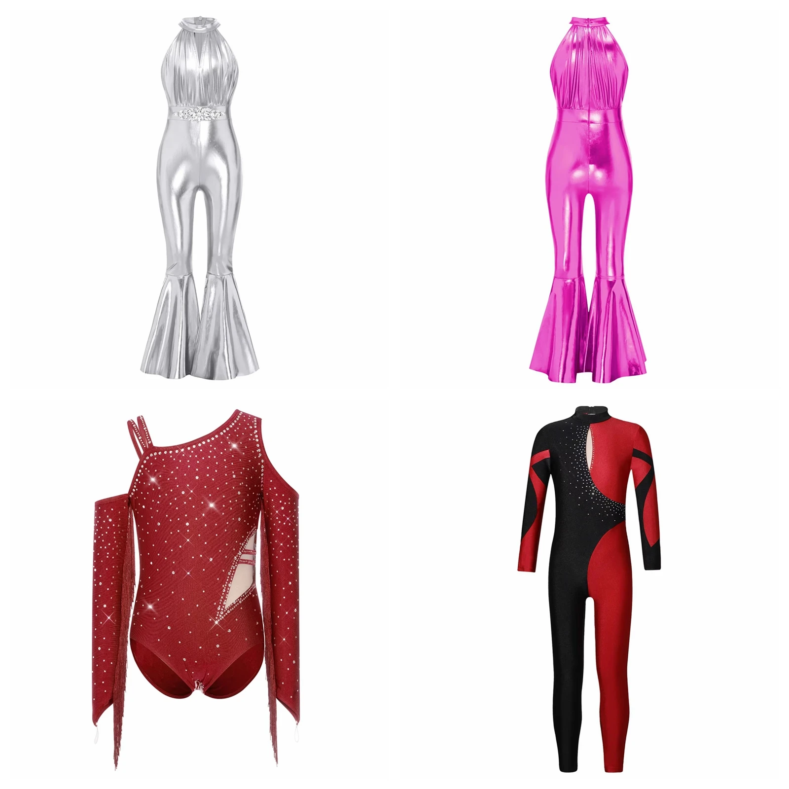 Kids Girls One Shoulder Tassels Rhinestones Ballet Dance Leotard Bodysuit Dancewear for Latin Dance Performance Cha Cha Bodysuit