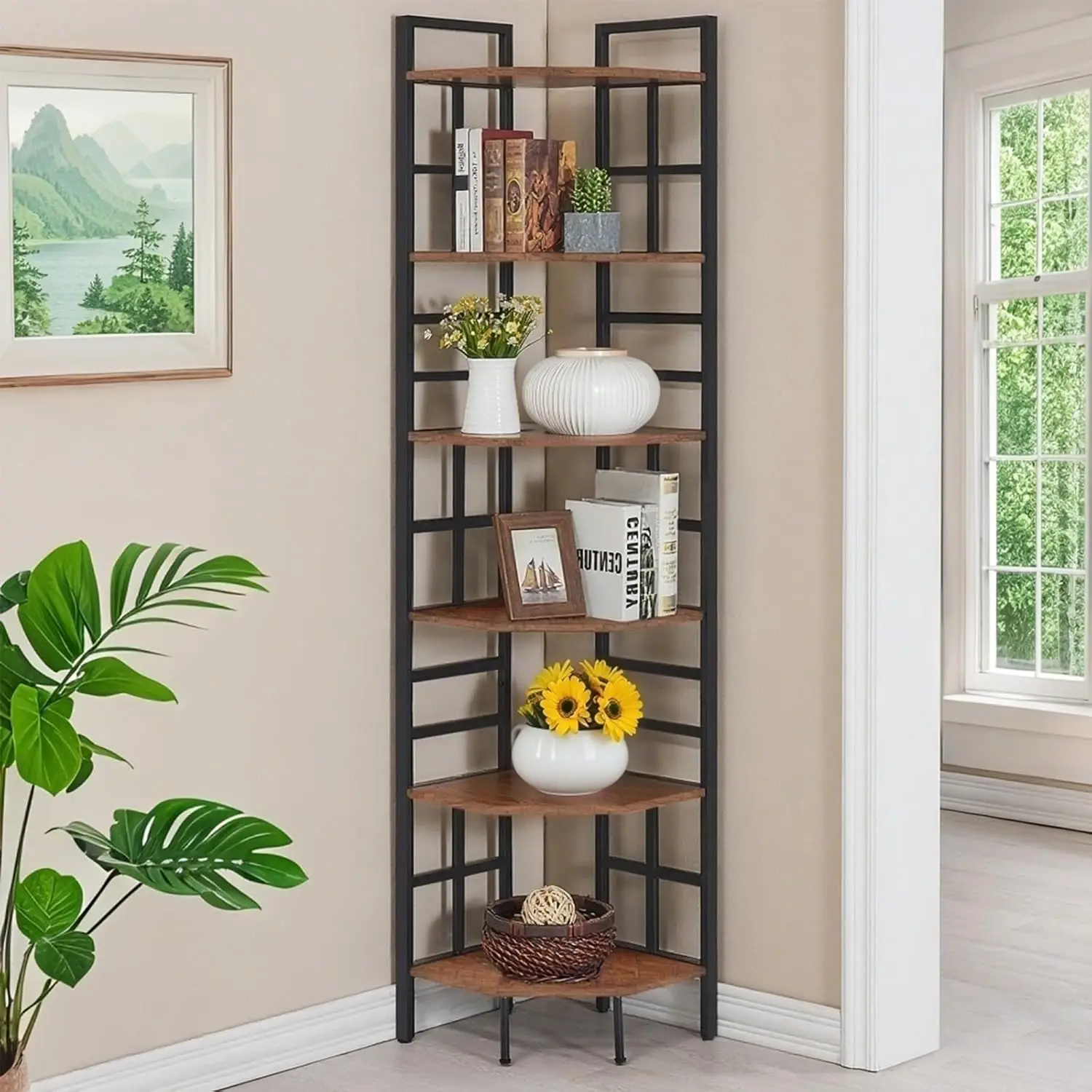 

Corner Shelf, 6 Tier Tall Narrow Bookshelf 76.9', Industrial Corner Bookcase with Storage for Home Office Living Room and