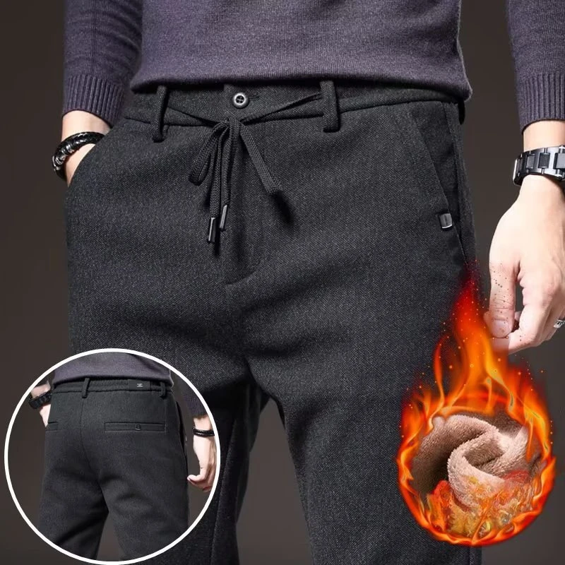 

Winter Fleece Warm Casual Pants Men Brushed Fabric Business Work Fashion Slim Thick Flocking Velvet Cotton Black Trousers Male