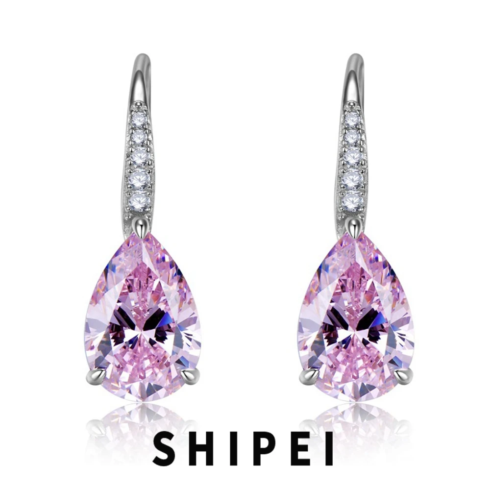 

SHIPEI Classic Solid 925 Sterling Silver 8*12 MM Pear Cut Pink Sapphire Gemstone Fine Jewelry Drop Dangle Earrings Wholesale