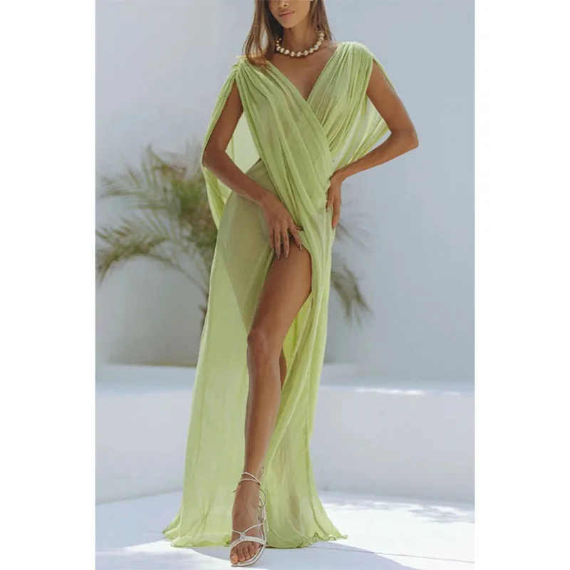 Sexy Women Beach Vacation Dress Chic Y2K Sleeveless V Neck Mesh See Through Slit Smock Holiday Bohemian Long Dress Outfits