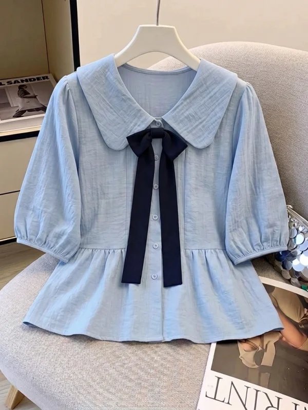 

Light Blue Bowknot Doll Collar Short Sleeve Shirt Women's Summer New plus Size Anti-aging Top Korean Style Loose Fit Commute
