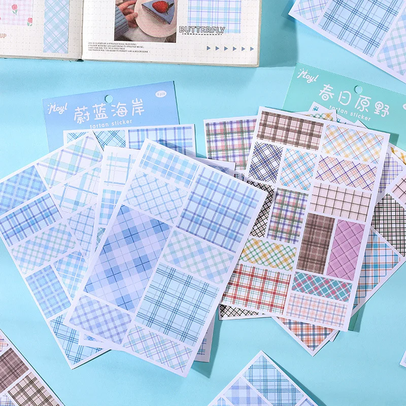 4sheets Check Washi Paper Stickers Pack Plaid Decorative Stickers For Collage Scrapbooking DIY Material Craft Diary Journal