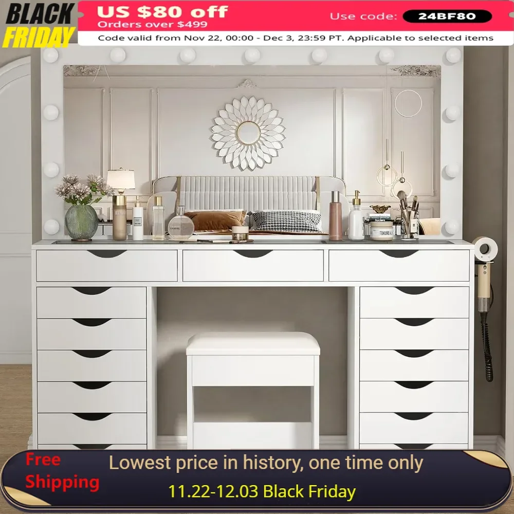 Vanity Desk with Power Outlet, Makeup Vanity with Lighting Mirror, Vanity Desk Set