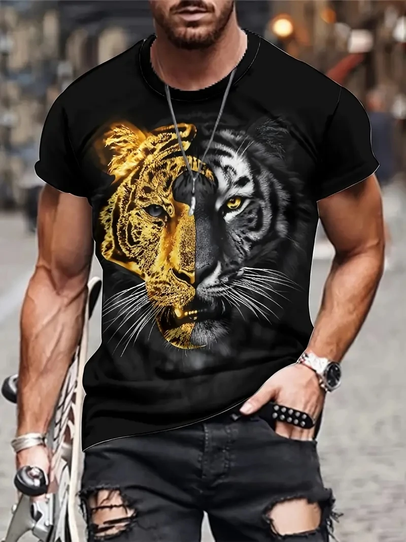 

Light Dark Tiger Splicing T Shirt For Mens 3D Print Short Sleeve Top Casual Man's T-shirt Loose Tee Shirt Men Vintage Clothing