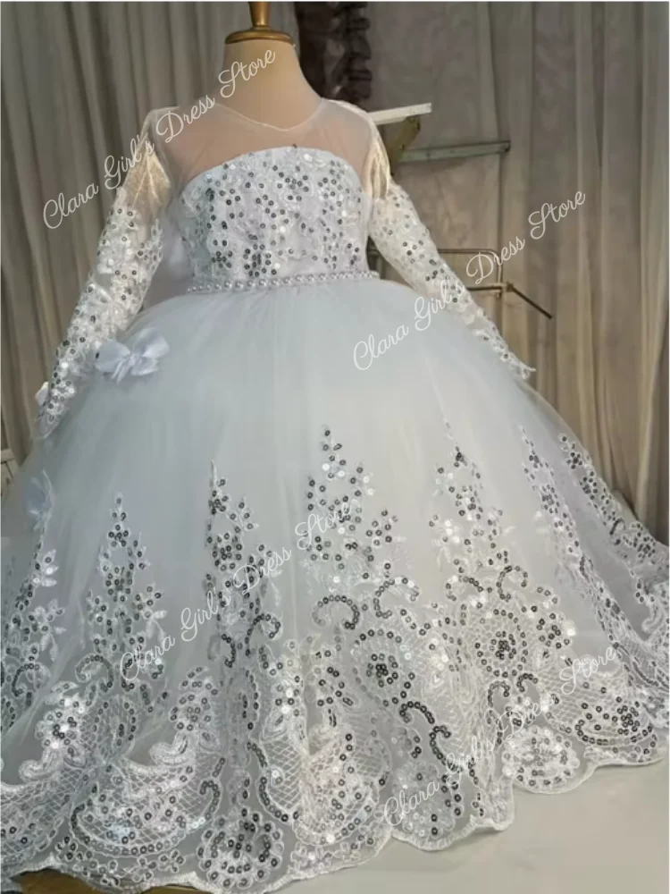 Robe à fleurs rose pour filles, avec des Appliques florales à paillettes, avec nœud, manches longues, pour mariage, anniversaire, bal, robe de sainte Communion