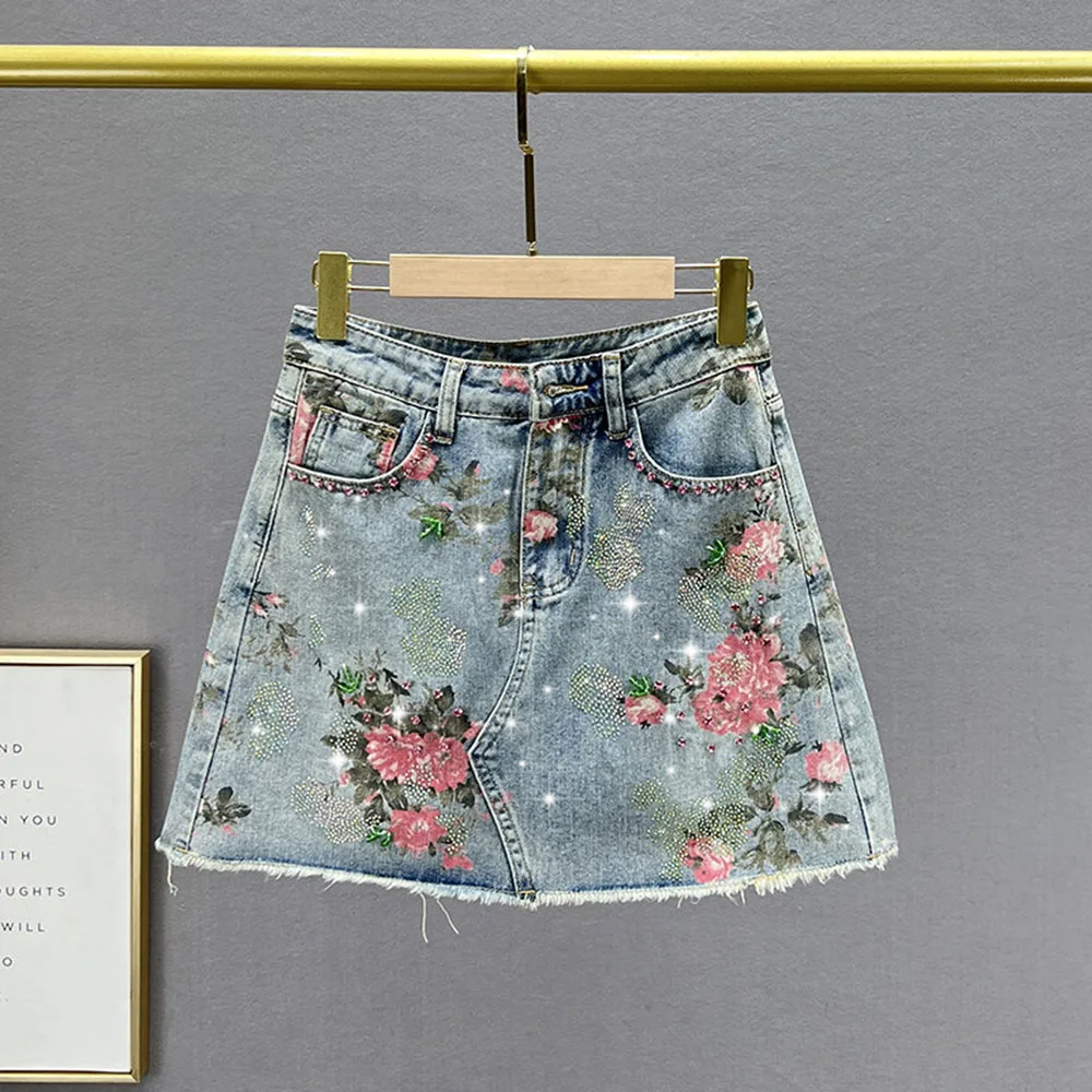 Floral Pattern Rhinestone Design Denim Women's Mini Skirt A Line Short Skirt Ladies Fashion Rhinestone Floral Denim Skirts