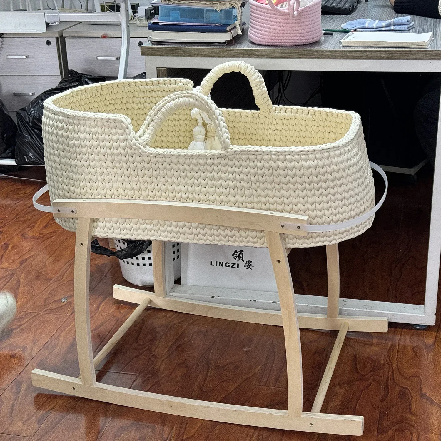 HandWoven Beige Cradle Crochet Baby Bassinet Moses Basket Boho Baby Basket Newborn Lounger with Stand and Mattress