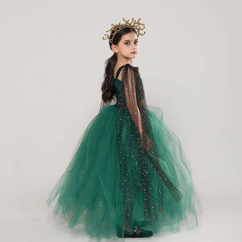 Dark Green Mesh Long Tutu Dress Flowy Tulle Maxi Gown Halloween Party Wear Stage Performance Soft Fluffy Formal Evening Outfit