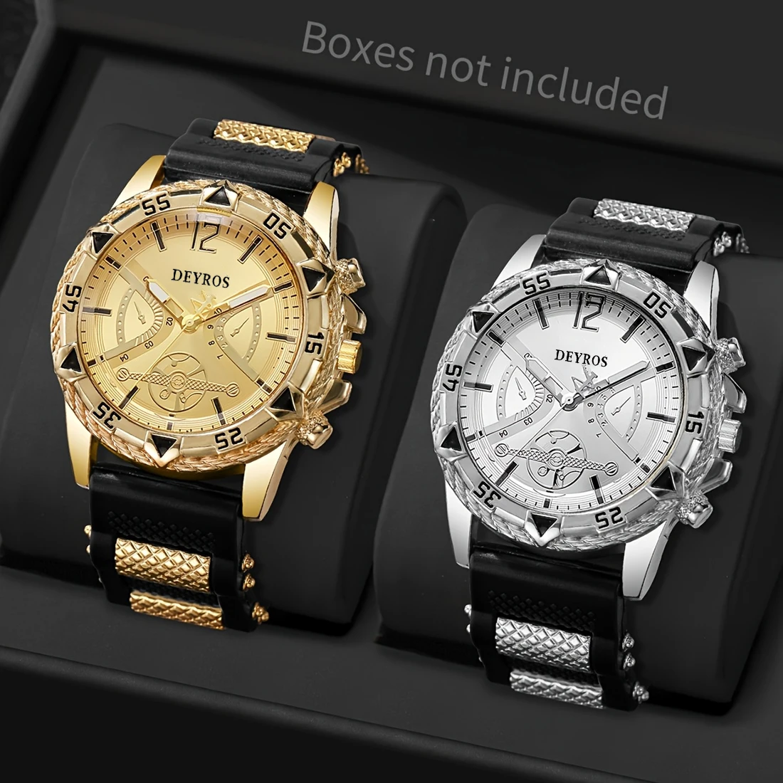 2pcs/set Gift Watch Temperament Casual Sports Style Round Dial Silicone Strap Handsome Trend Business Quartz Watch Set
