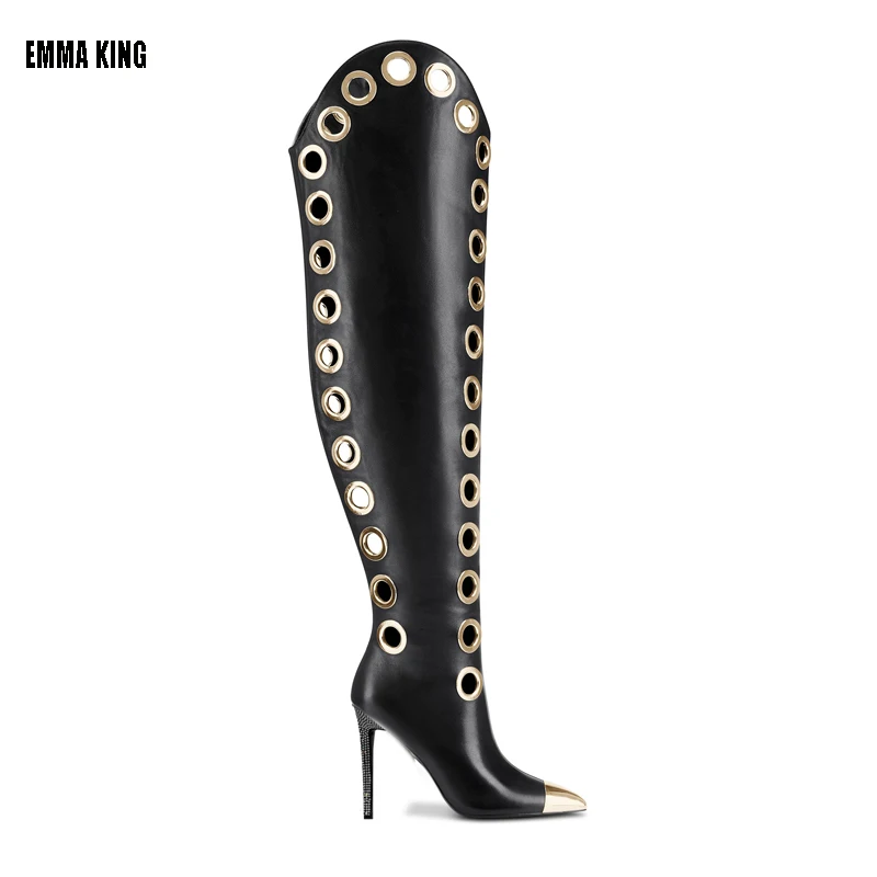 Black Metal Round Rings Design Over the Knee Boots Strange Style Heel Pointed Toe New Women Shoes 2024 Sexy Zapatos Para Mujere