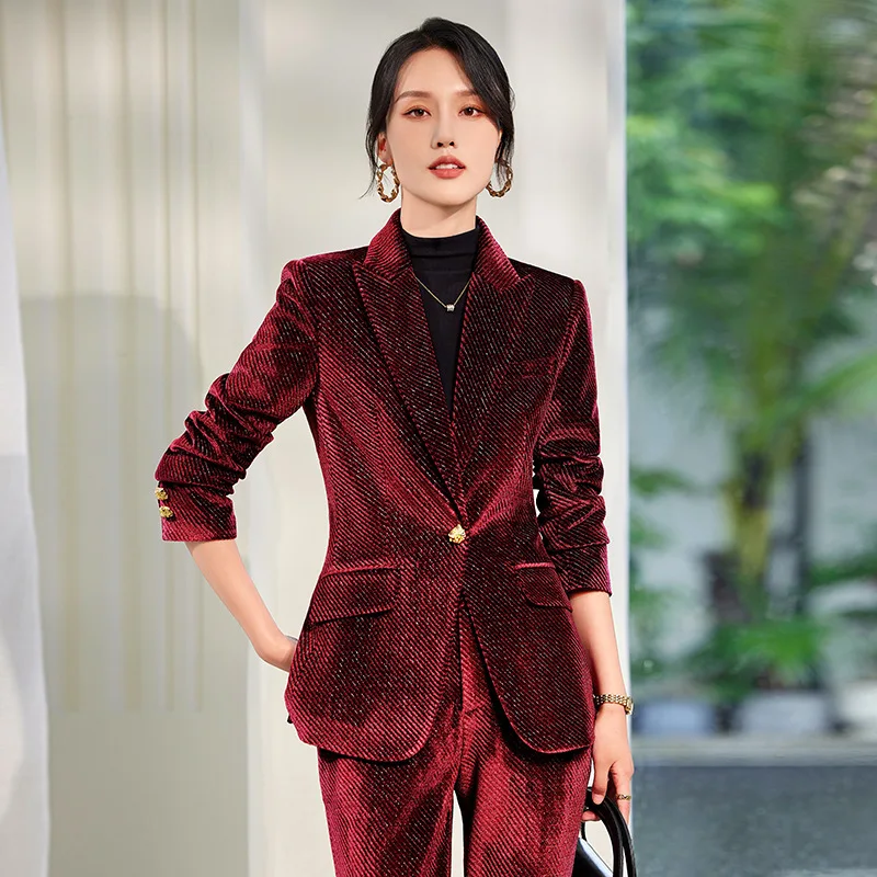 High-end Burgundy Professional Suit Set for Women2024Autumn Winter Velvet Leisure Formal Suit