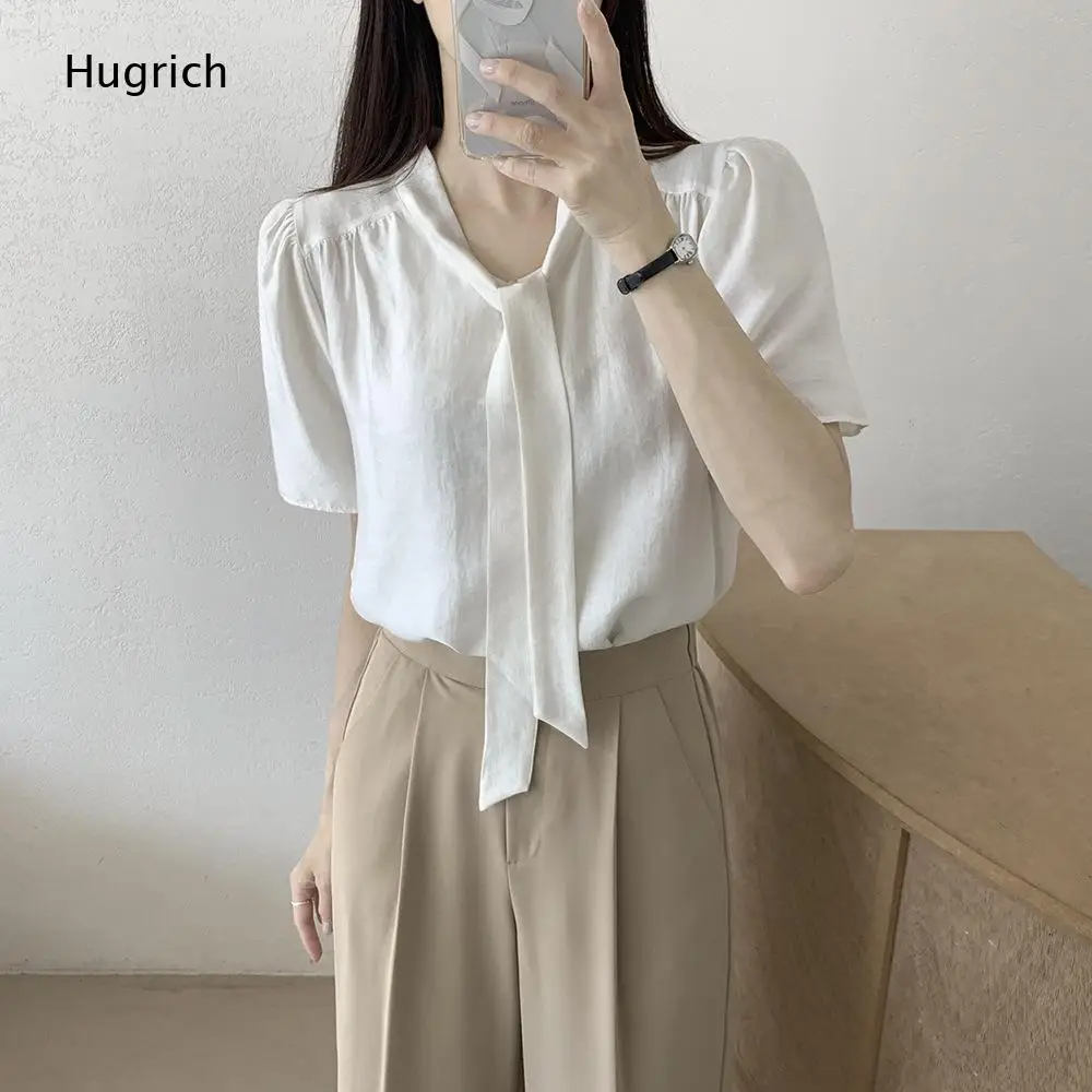 Stand Collar Short Sleeve Blouse Puff Shoulder Loose Fit Soft Thin Fabric Elegant Office Commuter Shirt for Women
