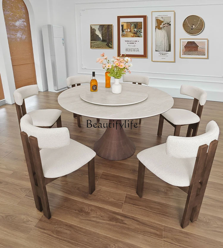 

Solid wood dining table travertine rock slab modern simple light luxury new Chinese dining table