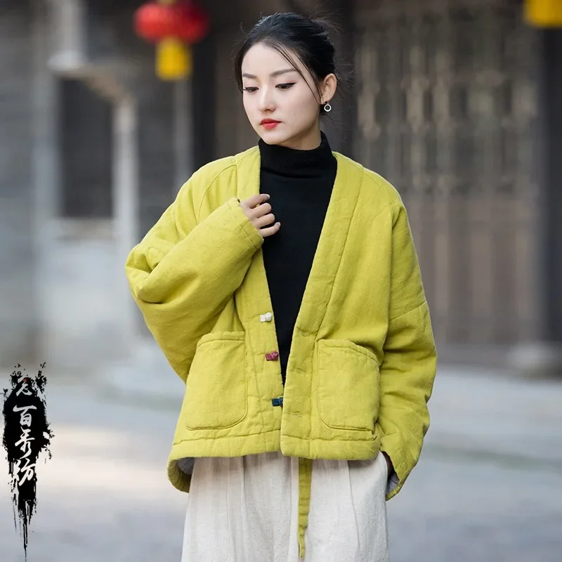 

Женские винтажные льняные парки с v-образным вырезом, однобортные свободные пальто с длинными рукавами и завязками, зимние модные парки с карманами в китайском стиле