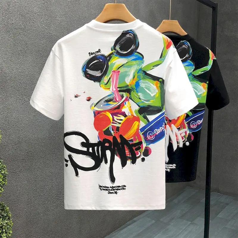 Short Sleeve T-shirts for Men and Women Summer Trend Loose High Street Tops Personalized Color Printed Frog Graffiti Tshirts