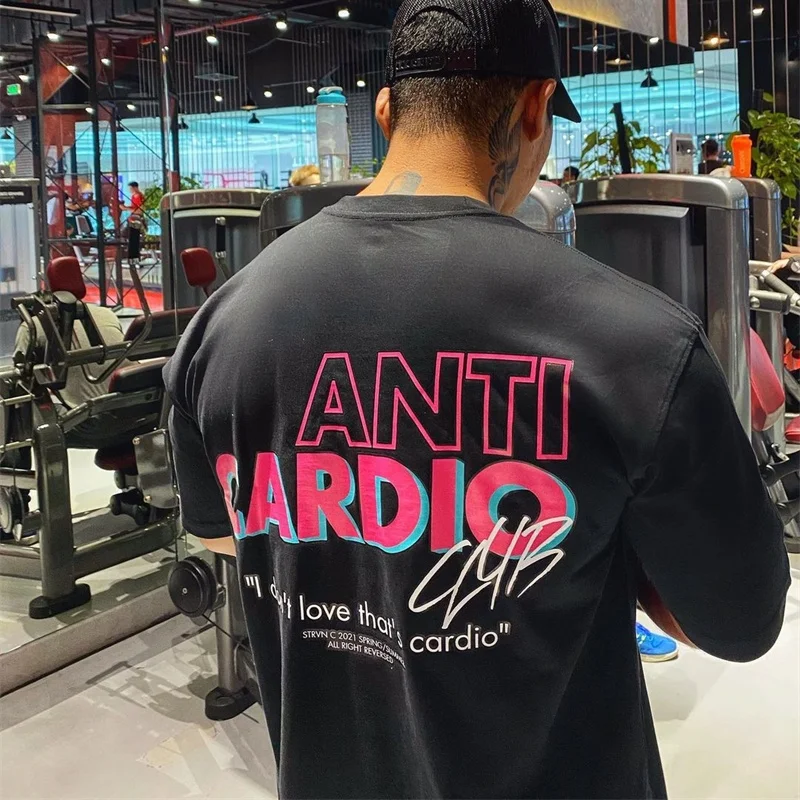 2024 lato ANTI CARDIO Oversized sportowa koszulka z krótkim rękawem bawełniana koszulka Gym Fitness Męski trening treningowy Bawełniane koszulki Topy