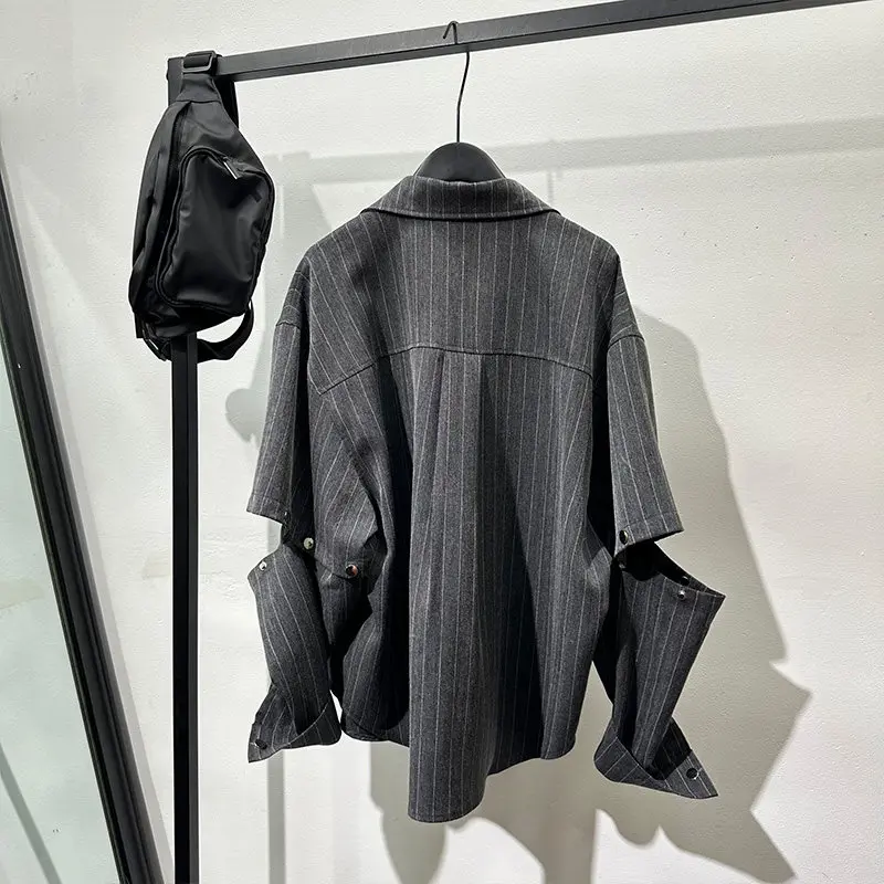 Pu Shuai Fashionable High-End Gray Striped Loose Long-Sleeved Shirt Detachable Sleeves Patchwork Retro Temperament Top