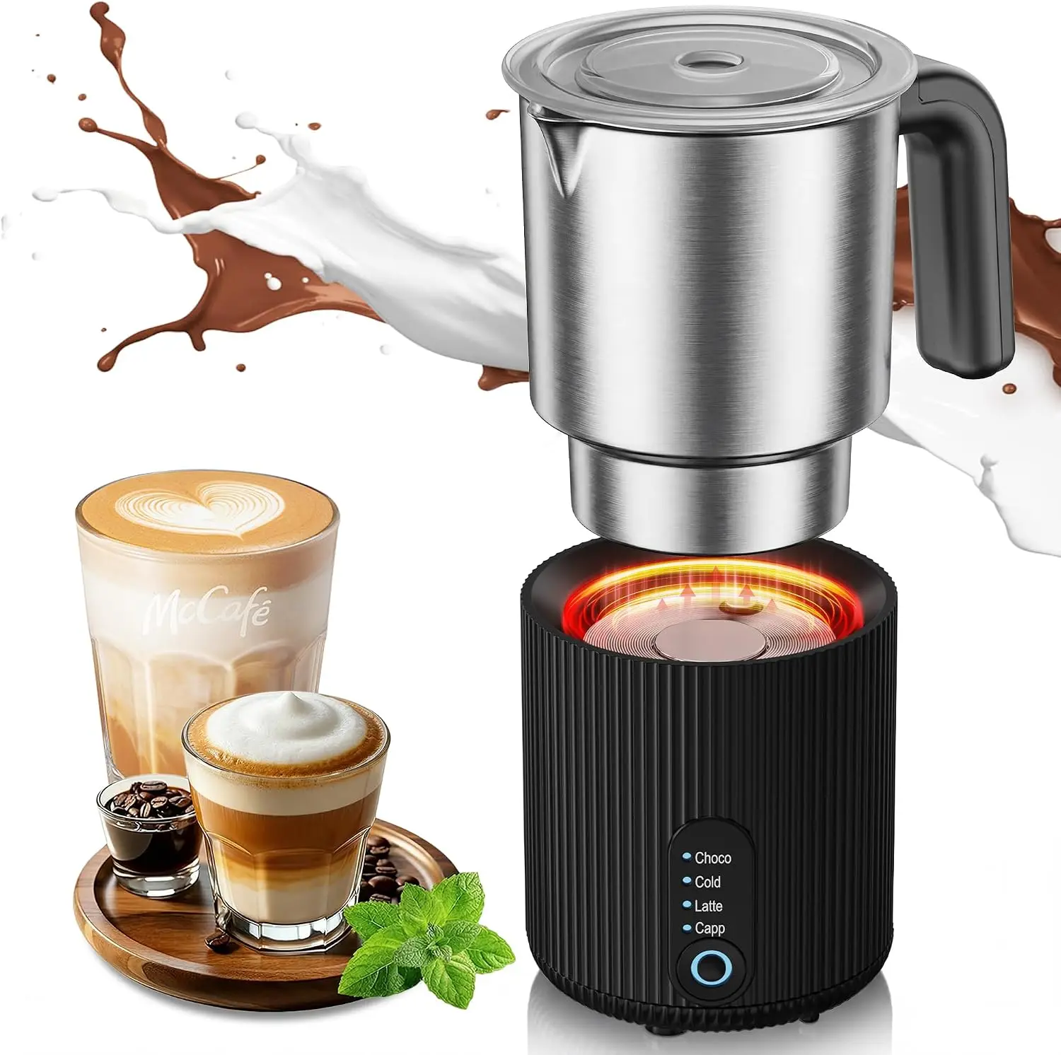 Electric Milk Frother and Steamer, 4-in-1 Instant Milk Steamer for Coffee, Latte, Cappuccino, Hot Chocolate, Automatic Hot & Cold Milk Foamer, Stainless Steel Detachable Cup, Quiet, Dishwasher Safe