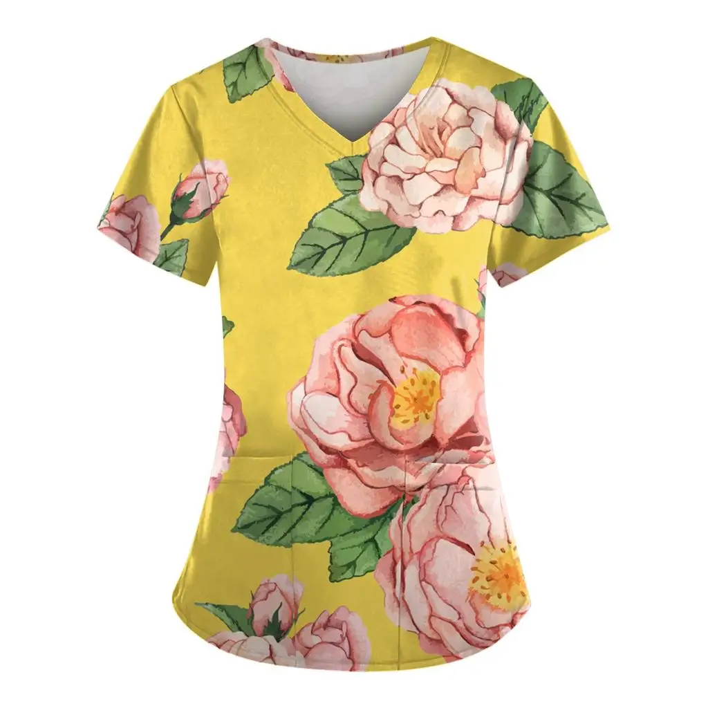 Nurse Uniform Womens Short Sleeve V Neck Chinese Style Flowers Print Working Blouse Pockets Scrubs Work Medical Nursing Uniform