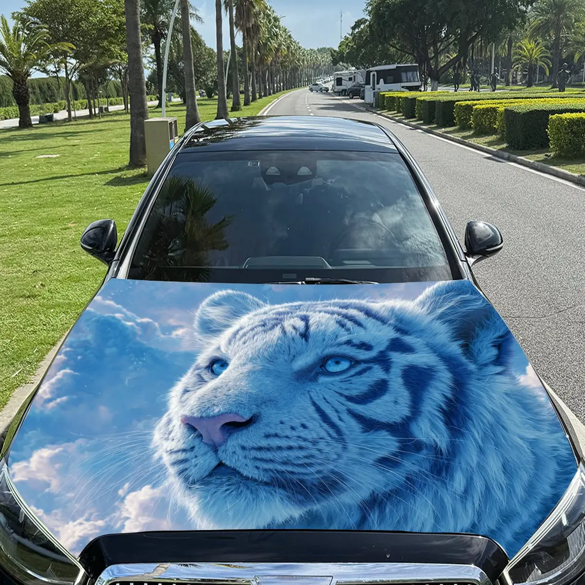 

Car Decals White Tiger with a Vivid, Realistic Look Against a Sky - Themed Background Car Hood Sticker, Waterproof Self - Adhesi