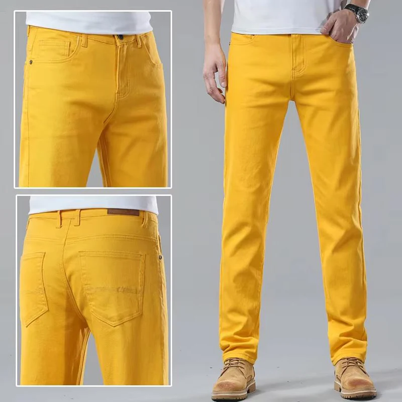 New Autumn Men\'s Yellow Pink Red Slim Jeans Classic Straight Elasticity Denim Pants Male Brand Stretch Skinny Colorful Trousers
