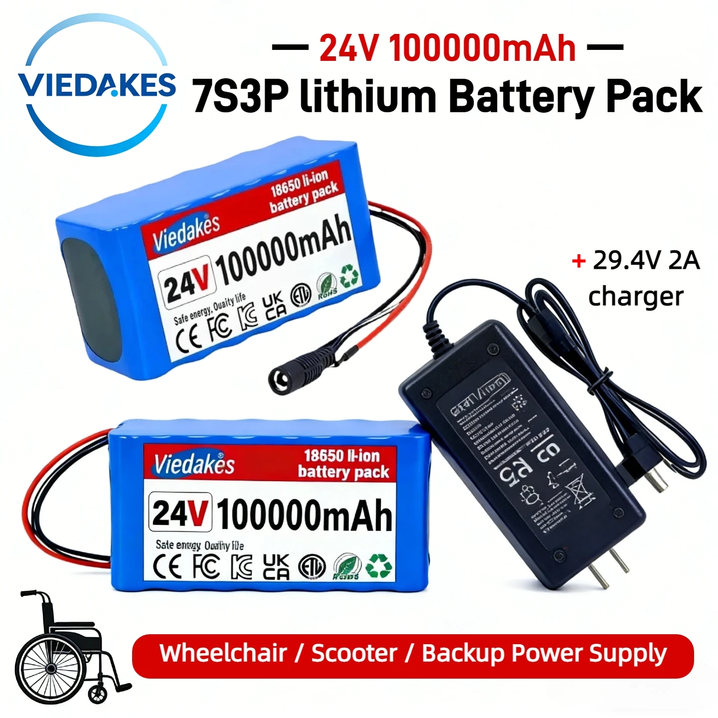 

7s3p 24V 100Ah Lithium Battery Pack +29.4V 2A Charger, Perfect for Electric Wheelchair Scooter Mobility Scooter Backup Power