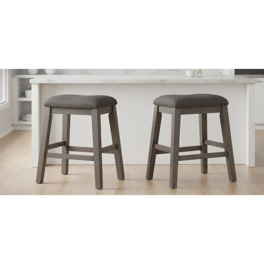 

Rustic Gray Counter Height Bar Stools Set of 2, Acacia Wood Upholstered Stools with Nailhead Trim for Kitchen Dining