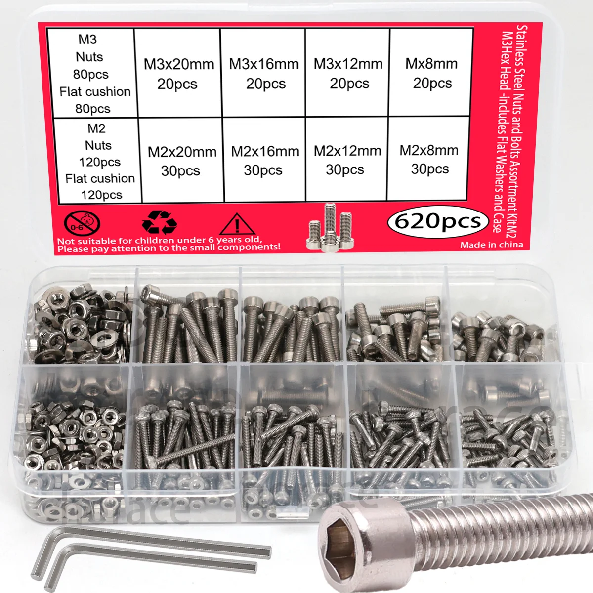 620pcs M2 M3 Stainless Steel Socket Head Cap Screws, Nuts and Washers, Used for Furniture Assembly, Repair and Installation.