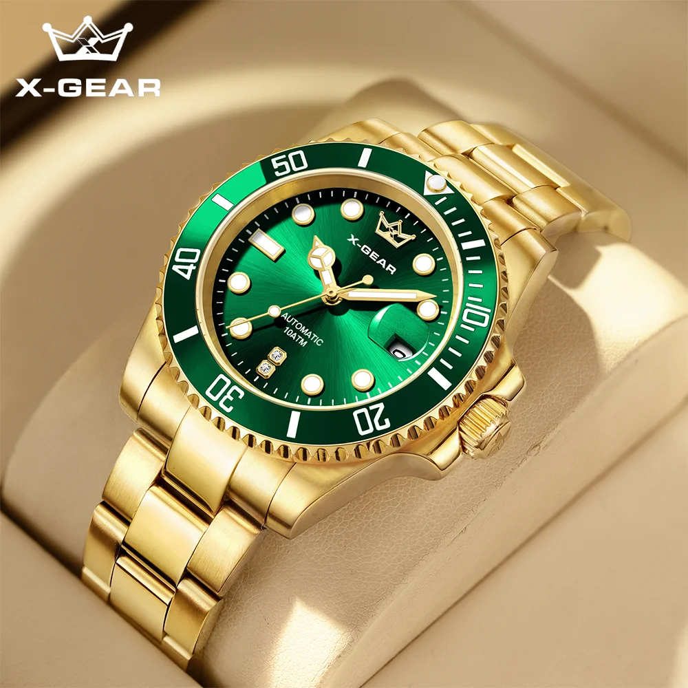 X-GEAR Business Stainless Steel Watch Automatic Mechanical Movement Stainless Steel Watch Strap Ceramic Bezel Waterproof