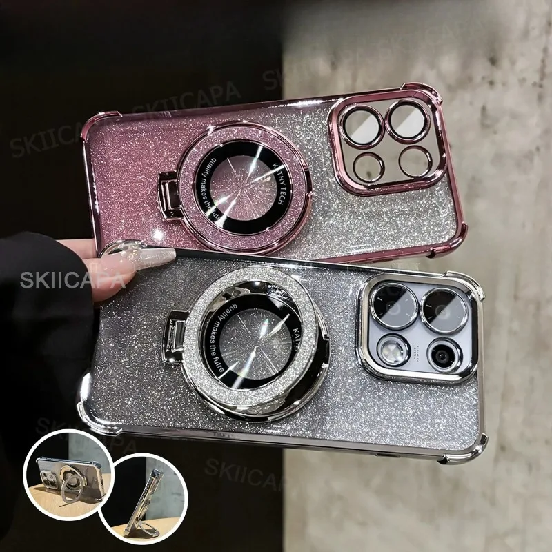For OPPO Reno 16 16Pro Plating Glitter Lens Film Magnetic Holder Case For Reno16 Pro Silicone Transparent Shockproof Soft Cover