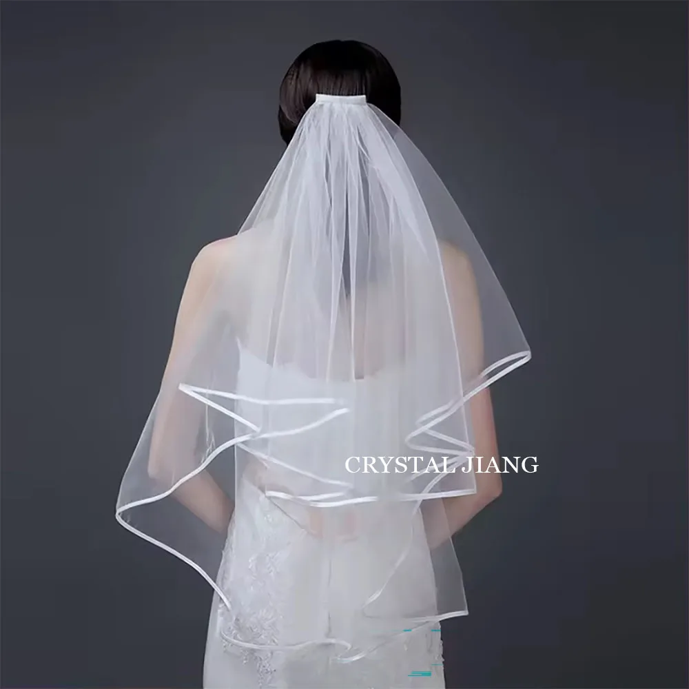 Simple 2 Layers Ribbon Edge Bridal Veils with Comb Fingertip Soft Tulle Bride Marriage Short Wedding Veil Accessories