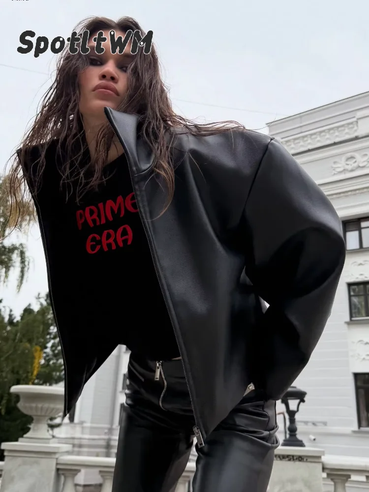 Black Pu Leather Stand Collar Full Zip Padded Shoulder Jackets Women's Long Sleeve Zip Cuff Overcoats 2026 Autumn Street Outfit
