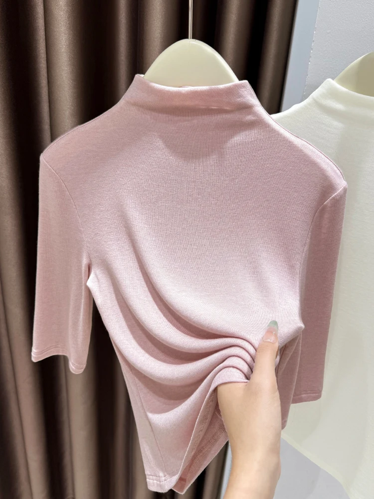 

Трикотажный топ Dopne Lenzing с высоким воротником, однотонный, мягкий, для женщин, весна, базовый слой, короткий рукав