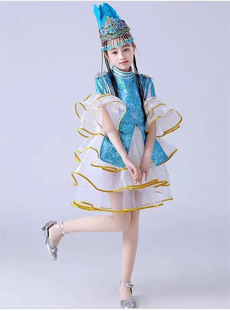 Blue Kazakhstan National Dance Dress For Girl Xinjiang Minority Costumes With Headwear Princess Cosplay Festival Gifts