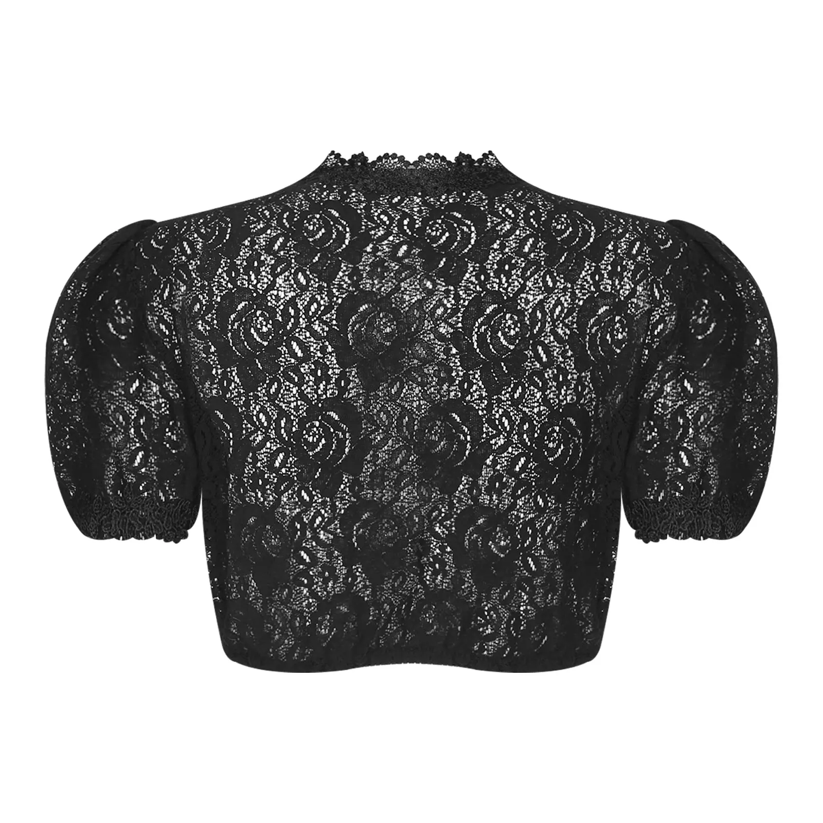 Women Elegant See-Through Floral Lace Blouse Sexy Lace Crop Top Retro Oktoberfest Shirt Party Performance Club Dance Costume