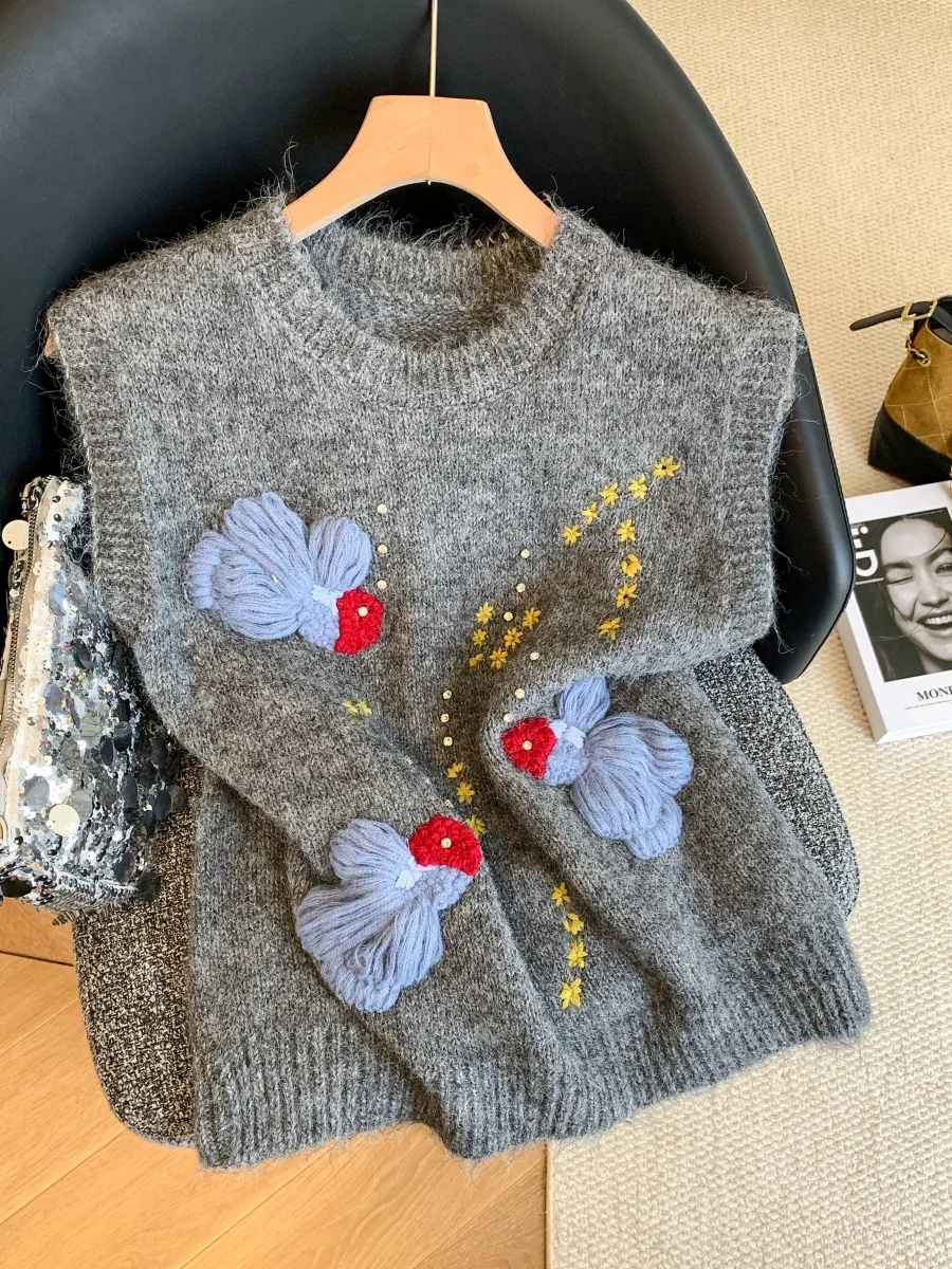 

Elegant Goldfish Embroidery Sweater Vest Women's Winter Layering High Waist Loose Fit round Neck Thickened Plant Floral Pattern