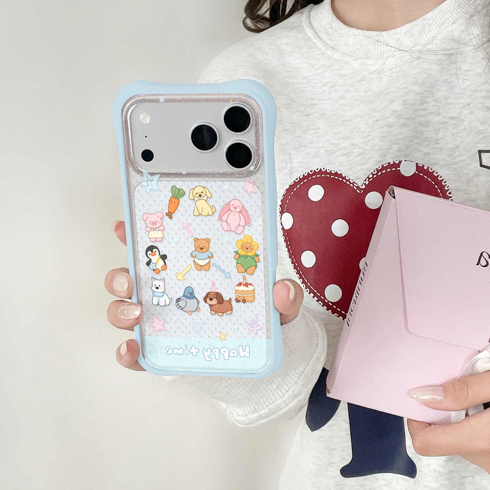 Coque miroir cœur losange Kawaii, base blanche, grille colorée, bord bleu clair, étui en TPU pour toutes les séries iPhone 13, 14, 15, 16, 17