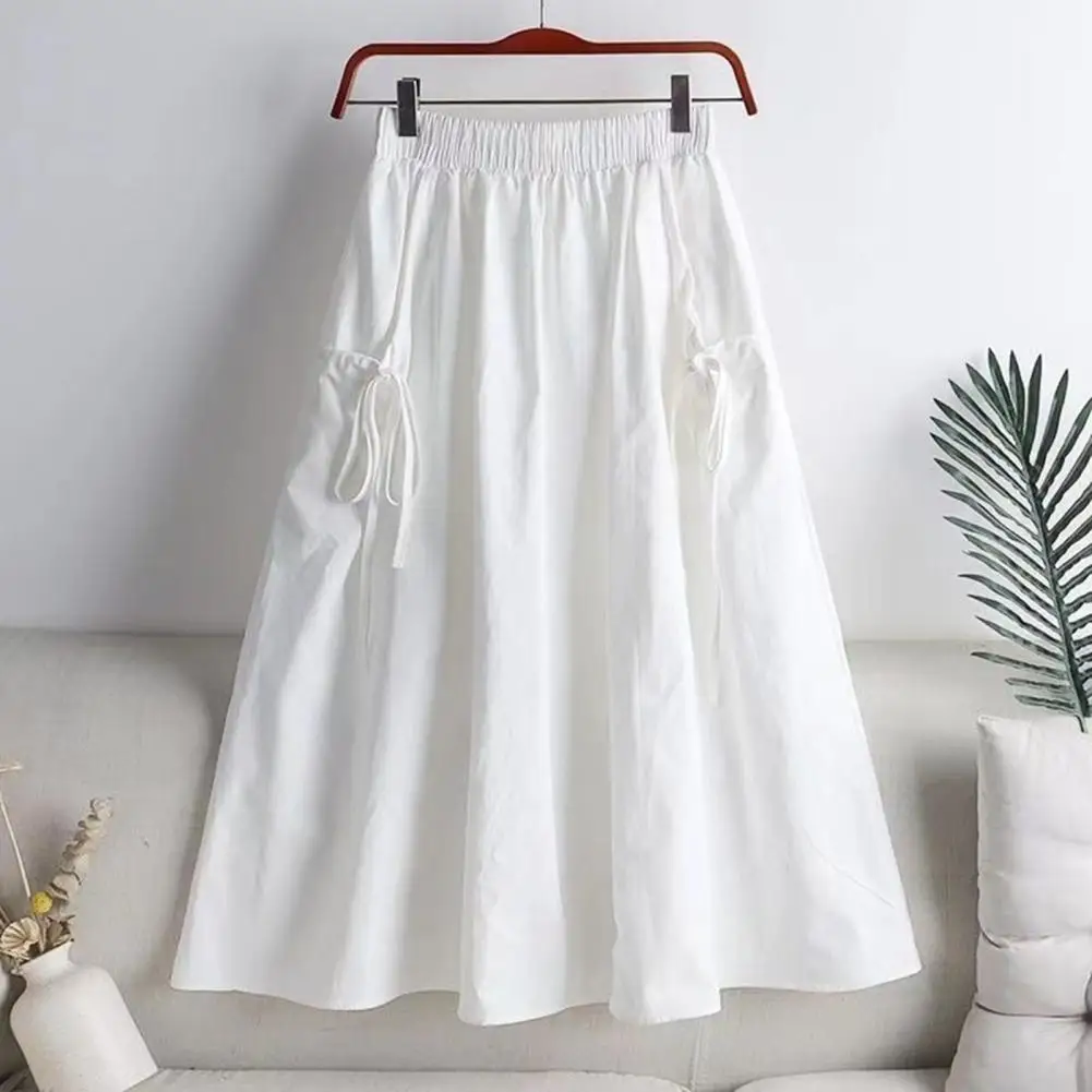 Cargo Skirt With Elastic Waist Side Pockets Solid Color A-Line Loose Fit Midi Skirt Workwear Style Drawstring Skirt For Summer