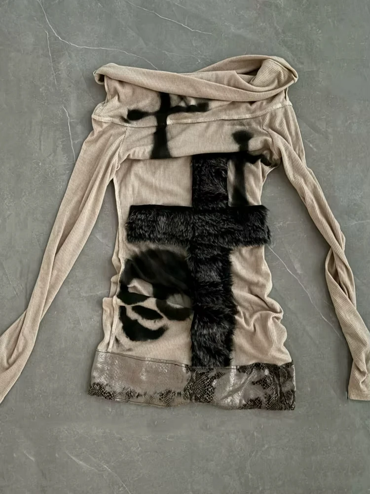 Y2kความงามขนสัตว์Patchworkเซ็กซี่Tเสื้อHarajuku Punk Skullพิมพ์Slashคอเสื้อStreetwearปิดไหล่Fairy Vintage Tees