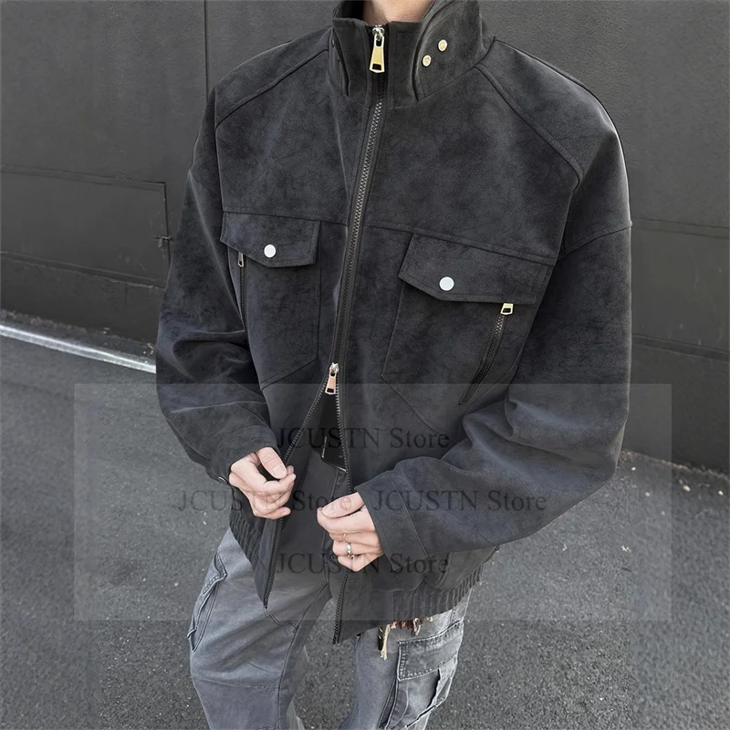 Men Dark Gray PU Jacket Stand Collar Zip Up Multi Pocket Loose Long Sleeve Coat Streetwear Outerwear For Autumn Daily Wear