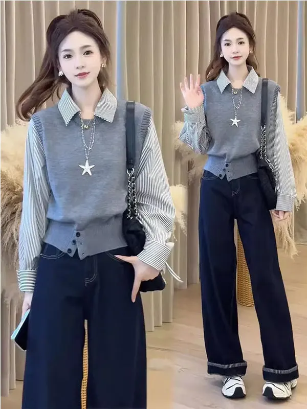 Spring 2026 Women's Knitted Long Sleeve Shirt Trendy Striped Patchwork Outerwear  Collar Regular Length Commute Style